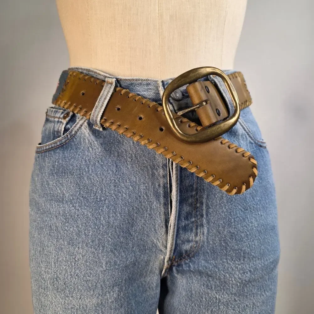 Vintage Denim Leather Belt Whipstitch Floral Embroidered Wide Belt Boho 30